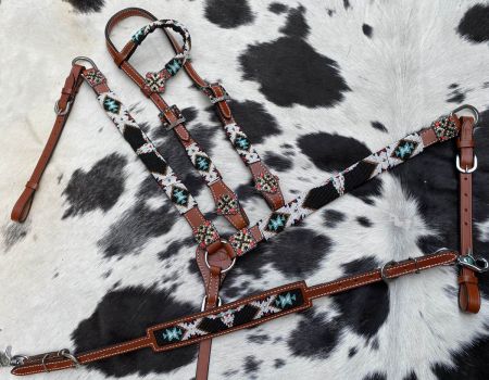 Showman SW beaded One Ear headstall and breastcollar set with wither strap contest reins #2